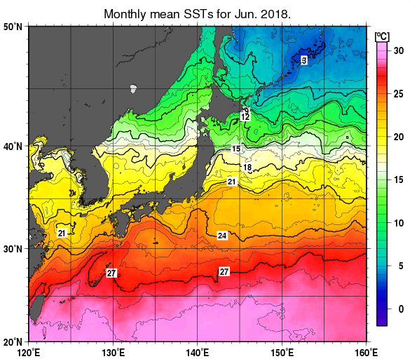 日本近海の月平均海面水温分布図（2018年6月）