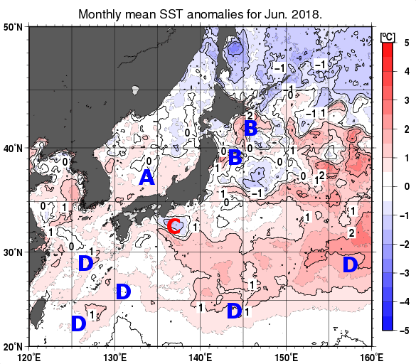 日本近海の月平均海面水温平年差分布図（2018年6月）