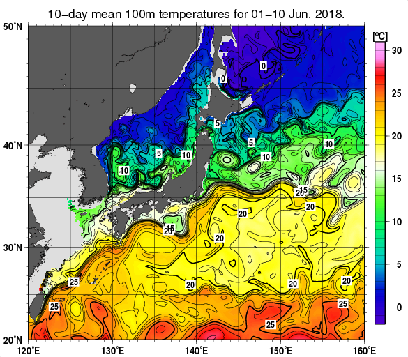 日本近海の深さ100mの旬平均水温分布図（2018年6月上旬）