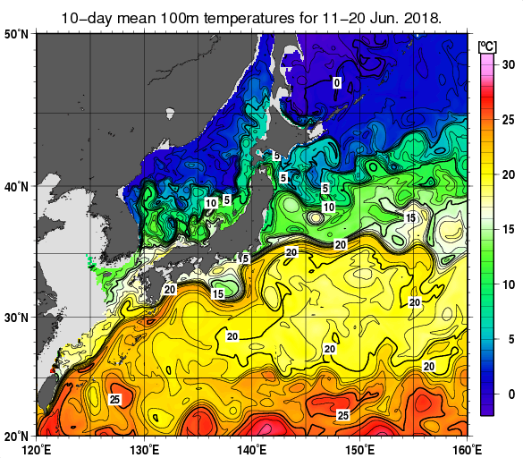 日本近海の深さ100mの旬平均水温分布図（2018年6月中旬）