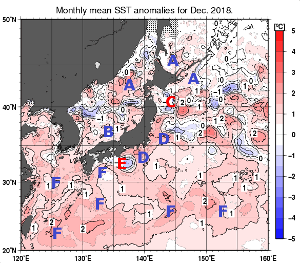 日本近海の月平均海面水温平年差分布図（2018年12月）