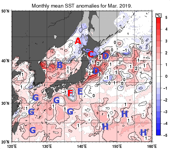 日本近海の月平均海面水温平年差分布図（2019年3月）