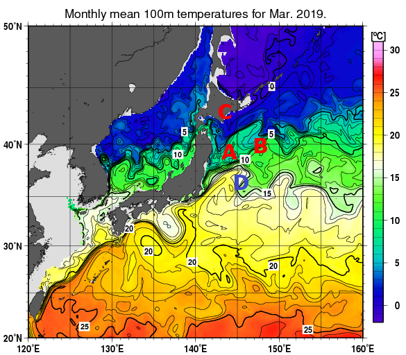 日本近海の深さ100mの月平均水温分布図（2019年3月）