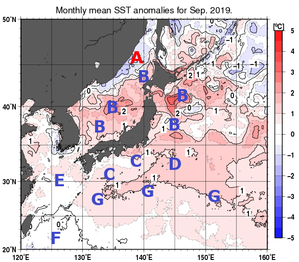 日本近海の月平均海面水温平年差分布図（2019年9月）