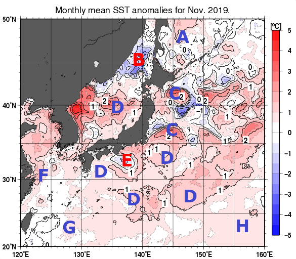 日本近海の月平均海面水温平年差分布図（2019年11月）