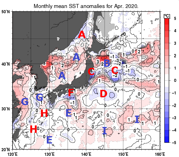 日本近海の月平均海面水温平年差分布図（2020年4月）