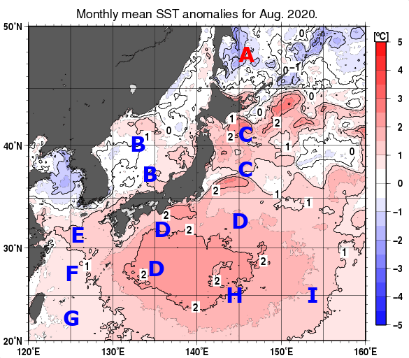 日本近海の月平均海面水温平年差分布図（2020年8月）
