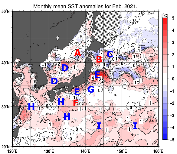日本近海の月平均海面水温平年差分布図（2021年2月）