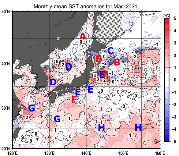 日本近海の月平均海面水温平年差分布図（2021年3月）