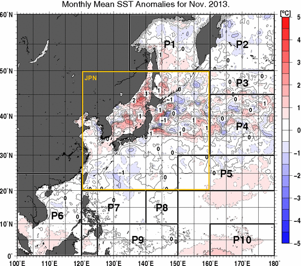 北西太平洋の月平均海面水温平年差分布図（2013年11月）
