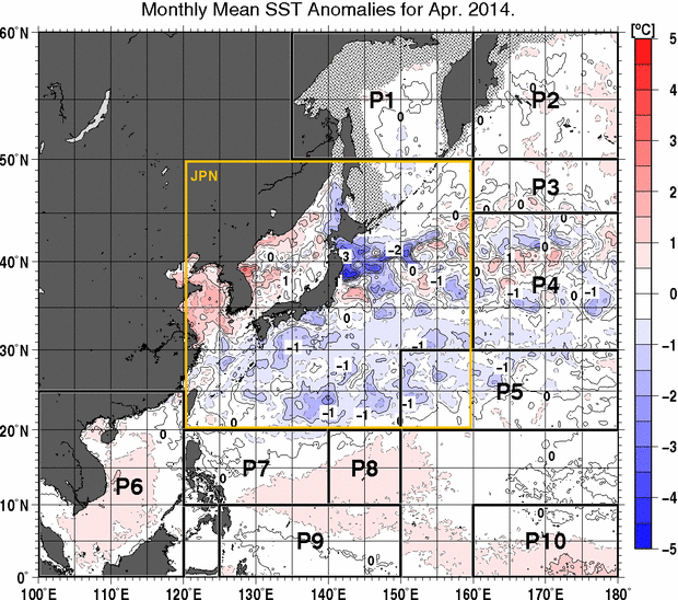 北西太平洋の月平均海面水温平年差分布図（2014年4月）
