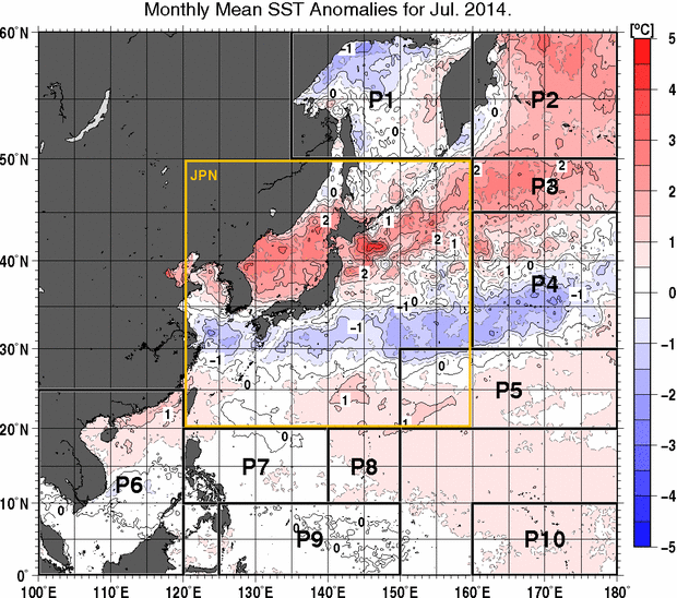 北西太平洋の月平均海面水温平年差分布図（2014年7月）
