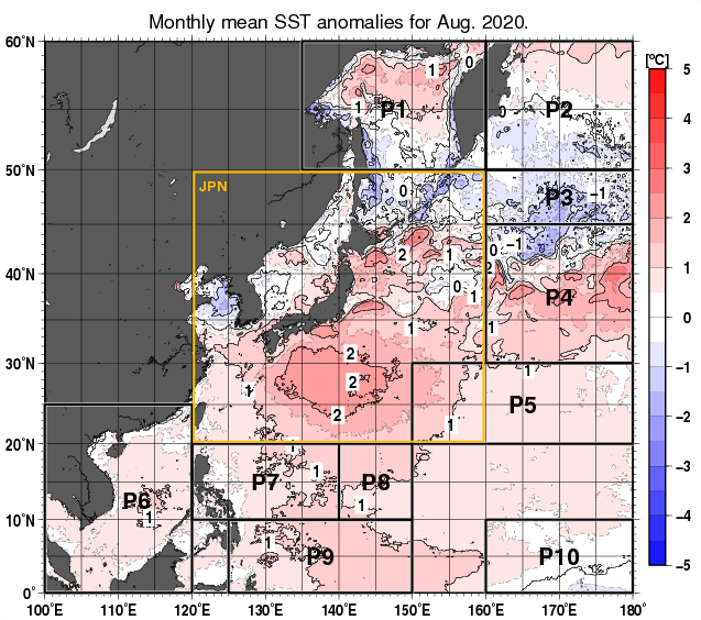 北西太平洋の月平均海面水温平年差分布図（2020年8月）