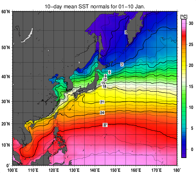 1月上旬の北西太平洋旬平均海面水温平年値