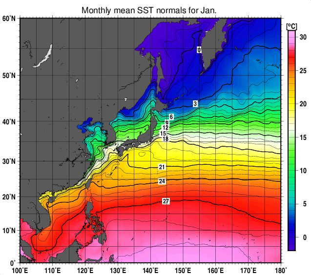 1月の北西太平洋月平均海面水温平年値