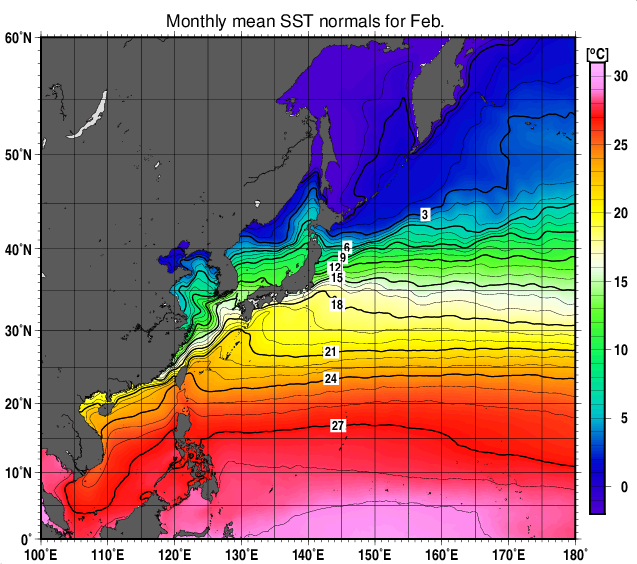 北西太平洋月平均海面水温図（2月）