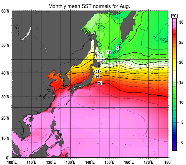 北西太平洋　月平均海面水温平年値(8月)