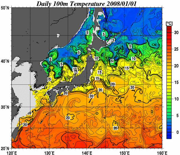 日本近海の深さ100mの水温