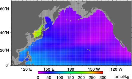 図3　日本海及び北太平洋における深さ1000mの溶存酸素量の分布