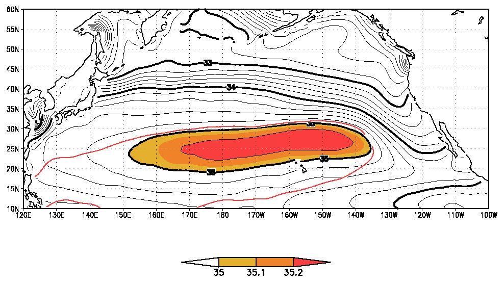 北太平洋回帰線水の形成域と分布域