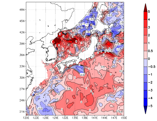 海面~100m月平均表層水温偏差分布