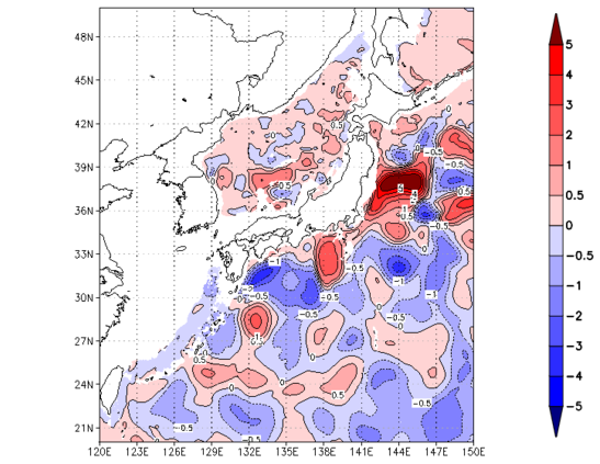 海面~740m月平均表層水温偏差分布