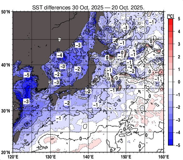 日本近海の10日間の海面水温変化量分布図(10月30日)