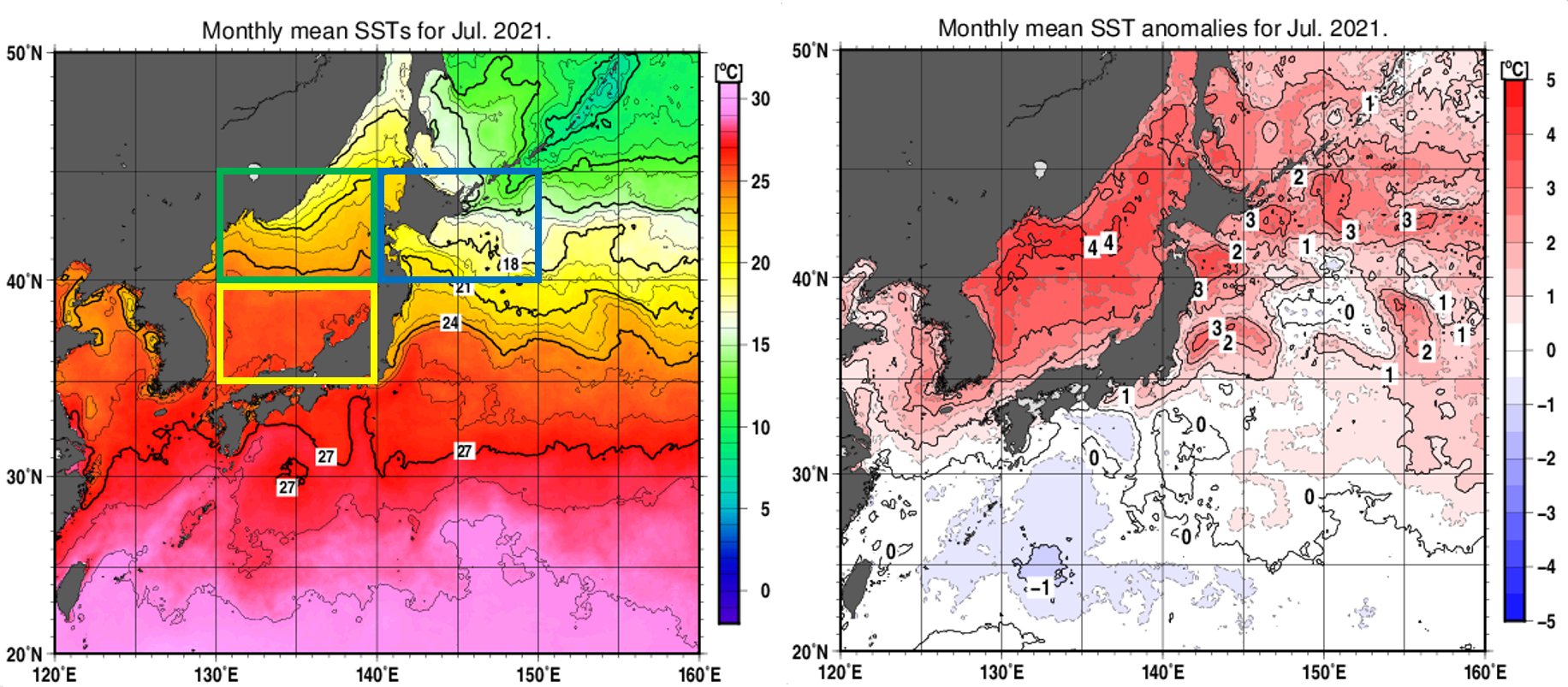 図1 日本近海の月平均海面水温分布図(左)、同平年差分布図(右)(2021年7月)