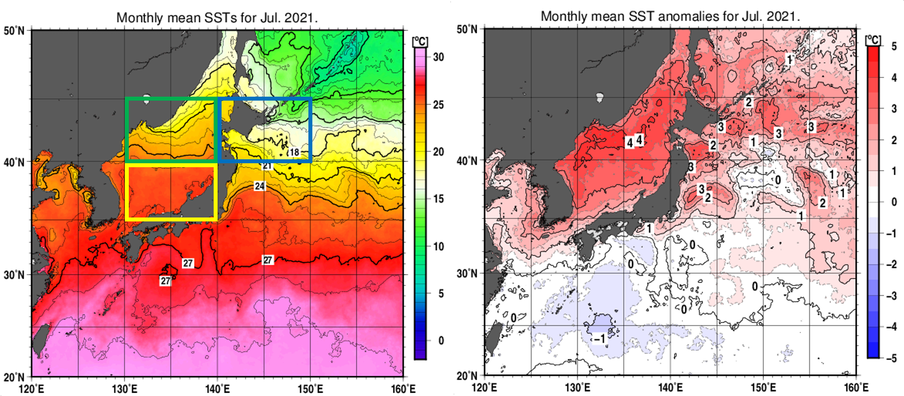 図1 日本近海の月平均海面水温分布図(左)、同平年差分布図（右）（2021年7月）