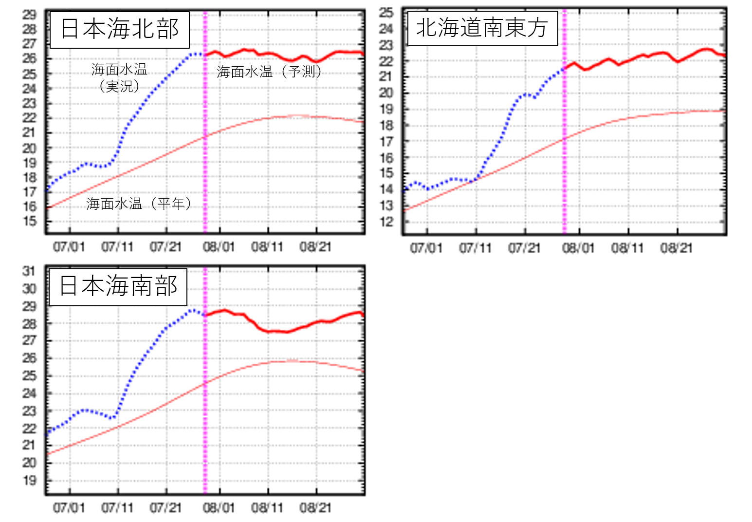 図3 日本海北部、日本海南部、北海道南東方の海面水温の実況と予測の推移