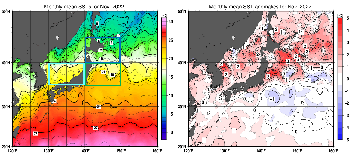 図1 11月の月平均海面水温分布図(左)、同平年差分布図（右）