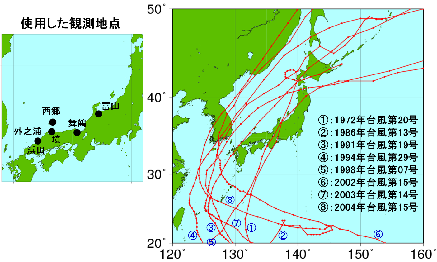 日本海沿岸で50センチ以上の高潮を記録した台風の進路