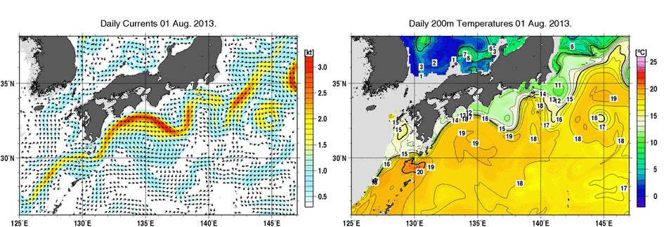 深さ50ｍの海流分布図と深さ200ｍの水温分布図(8月1日)