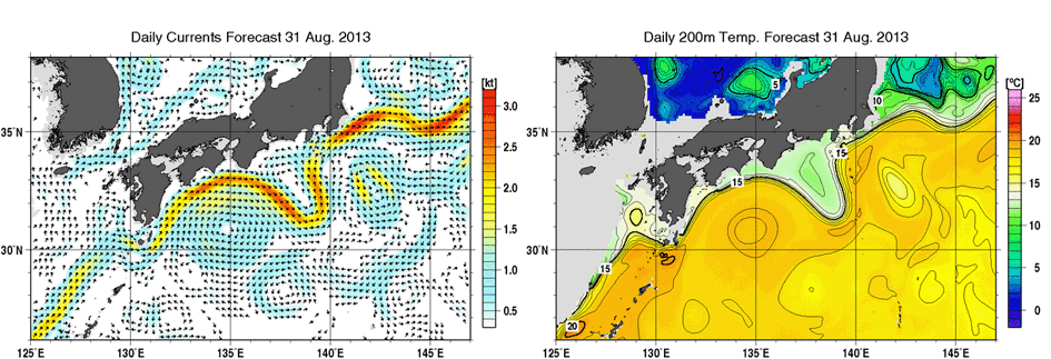 深さ50ｍの海流分布と深さ200ｍの水温分布予測図(8月31日)