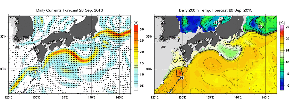 深さ50ｍの海流分布と深さ200ｍの水温分布予測図(9月26日)