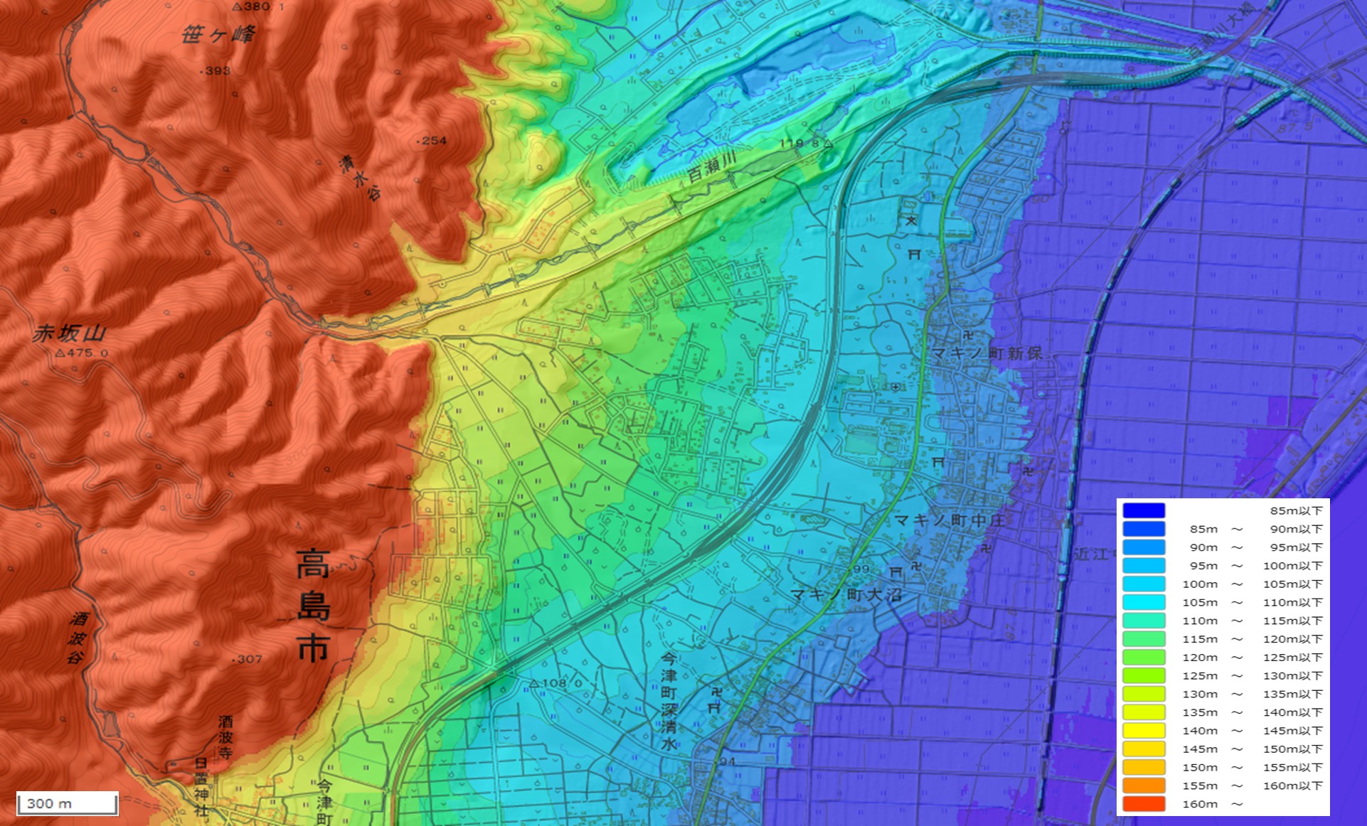 百瀬川扇状地（地理院地図より作成）