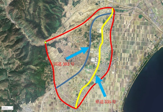 百瀬川扇状地の範囲（赤枠線）（地図は地理院地図より引用）