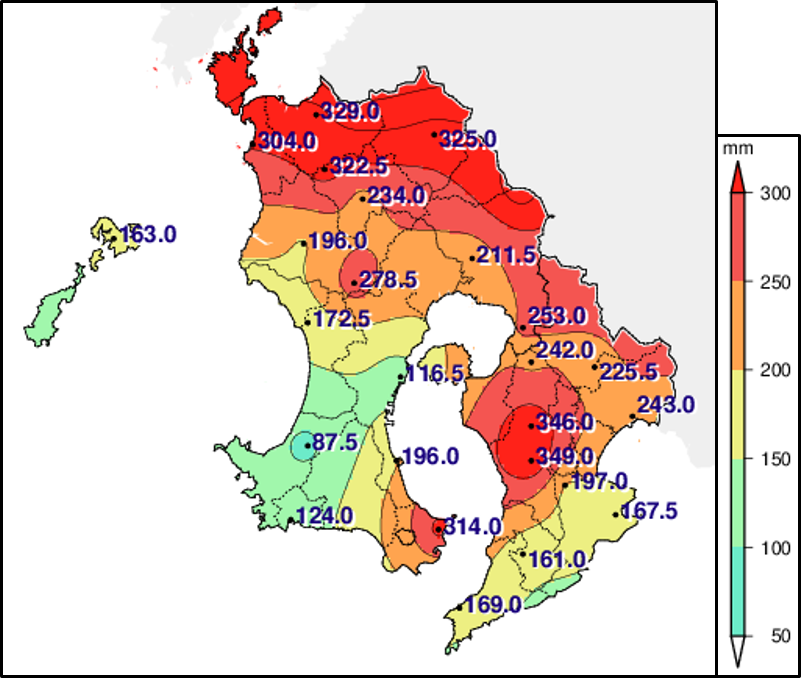 2020年7月3日から4日の降水量分布図