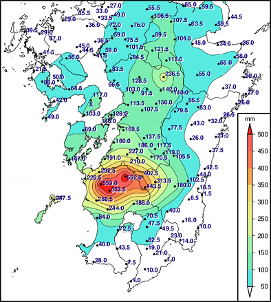 2021年7月8日から10日の降水量分布図
