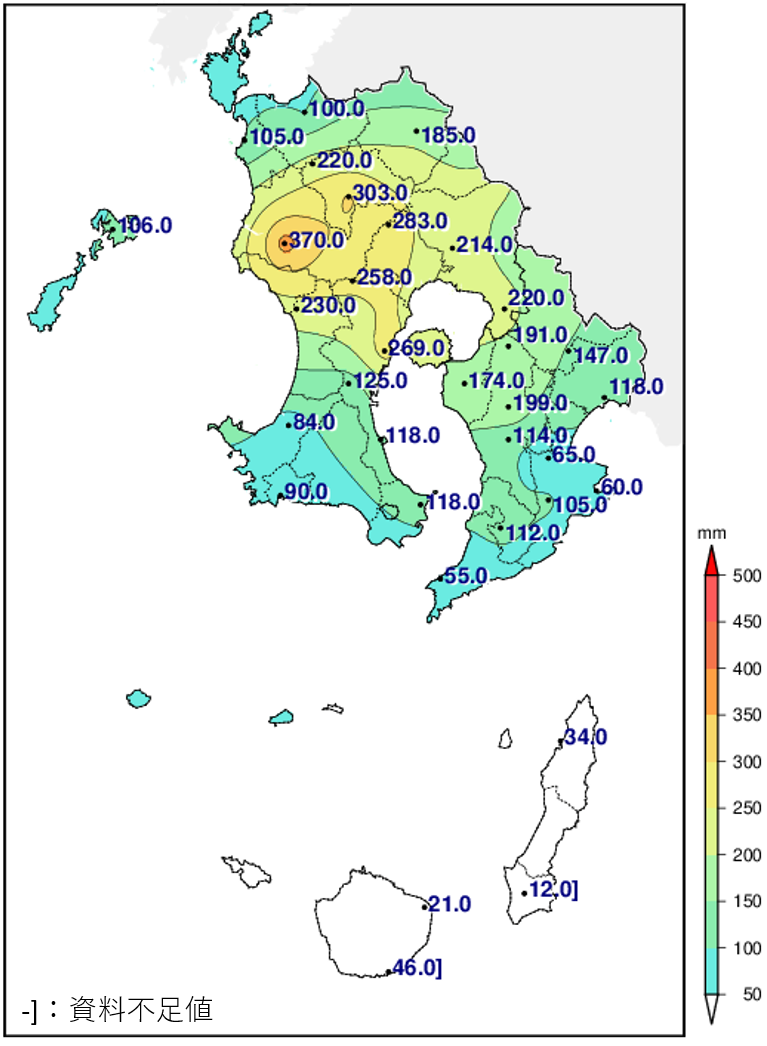 8月5日～8月6日の総降水量分布図