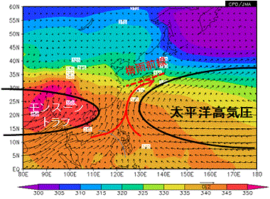 ６月の対流圏下層の水蒸気フラックスと相当温位の平年値
