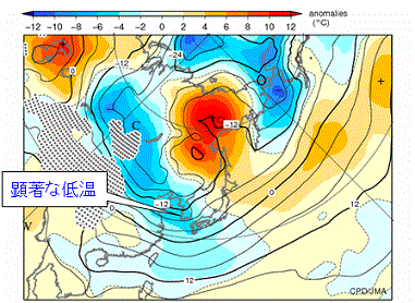 半旬平均850hPa気温および平年偏差（半旬平均、2010年12月27日～31日） 