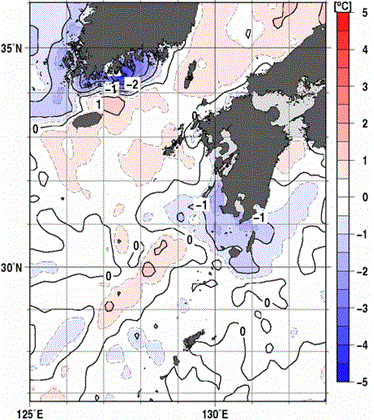 九州・山口県周辺海域　旬平均海面水温の平年差（2010年12月21日～31日平均）