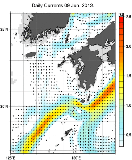 九州・山口県周辺海域の深さ50mの海流分布図（6月9日）