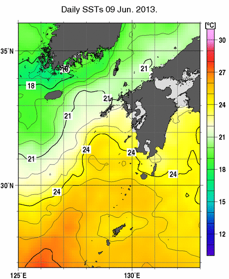 九州・山口県周辺海域の海面水温分布図（6月9日）