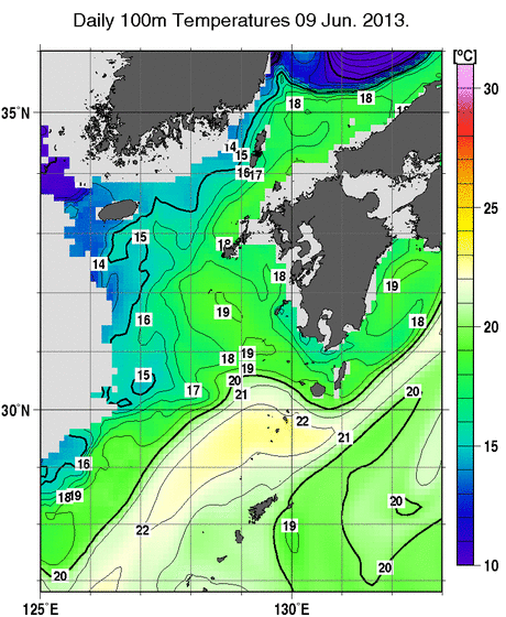 九州・山口県周辺海域の深さ100mの水温分布図（6月9日）