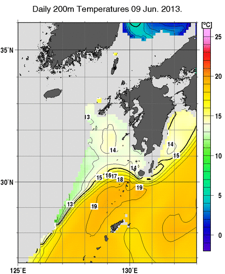 九州・山口県周辺海域の深さ200mの水温分布図（6月9日）