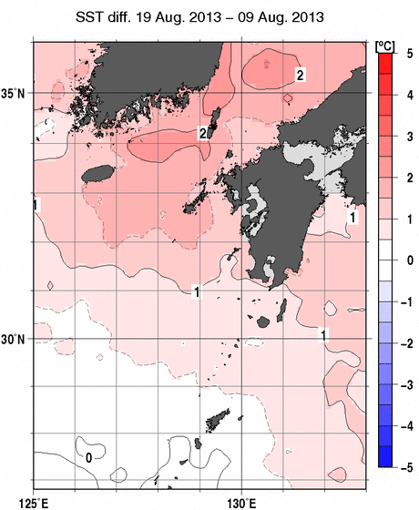 九州・山口県周辺海域の10日間の海面水温変化量分布図（8月19日）