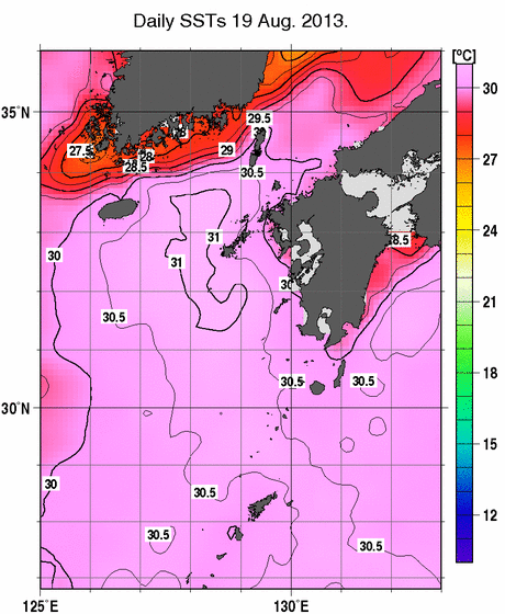 九州・山口県周辺海域の海面水温分布図（8月19日）