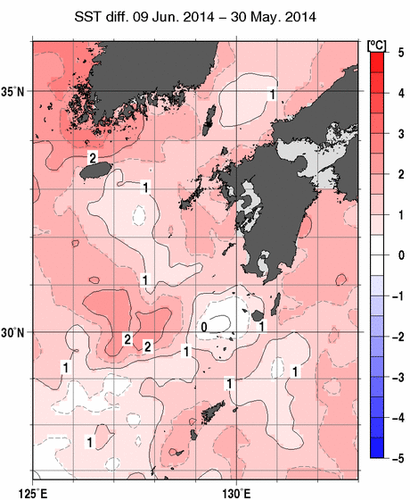 九州・山口県周辺海域の10日間の海面水温変化量分布図（6月9日）
